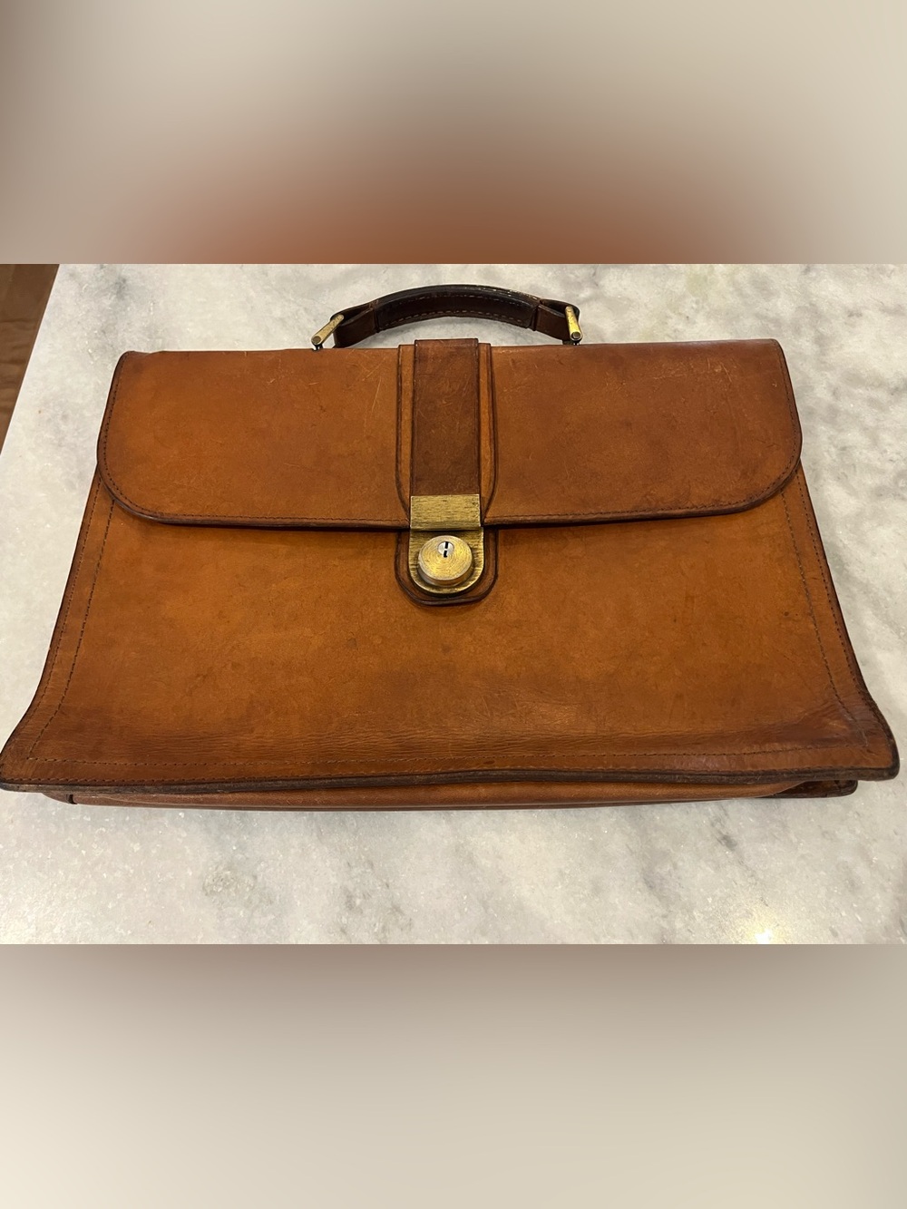 Vintage Men's Leather Briefcase in Cognac Tan with Brass Lock